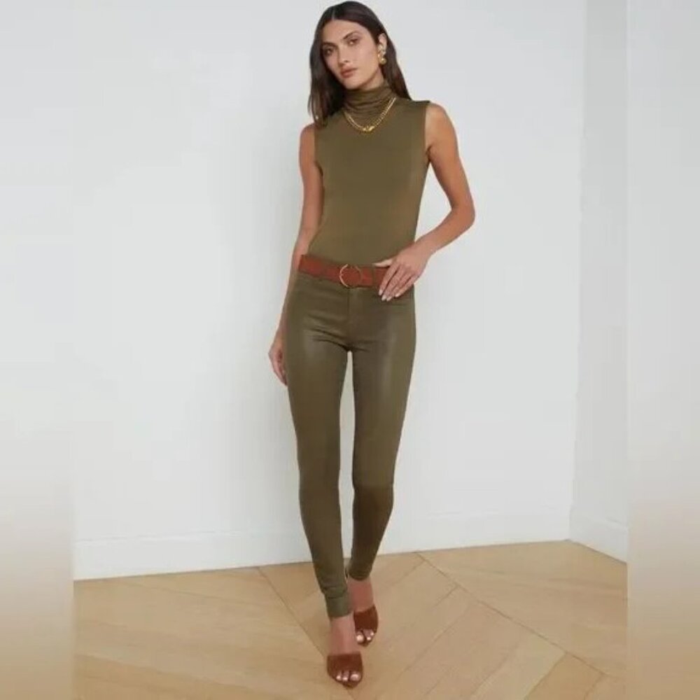 NWT L'AGENCE MARGUERITE High Rise Skinny Coated Stretch Jeans In Ivy Green 30